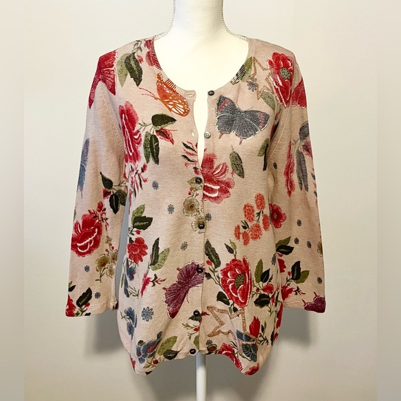 OUI Cotton Floral Cardigan Sweater. Light Tan with Red, Green, Blue. Size 10 - Picture 1 of 9
